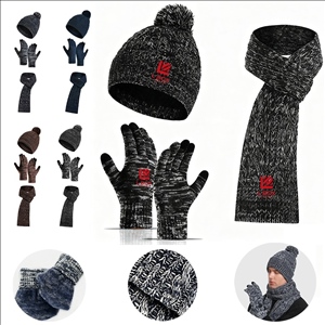 Men's Knitted Beanie Hat Touchscreen Gloves Long Neck Scarf Set